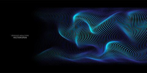 3D Vector wave lines pattern smooth curve flowing dynamic blue green gradient light isolated on black background for concept technology, digital, communication, science, music. - 568629754