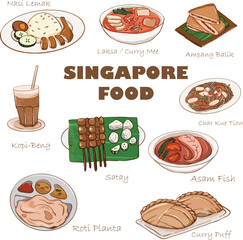 MALAYSIA SINGAPORE LOCAL FOOD CURRY PUFF NASI LEMAK KOPI SATAY IKAN BAKAR CHICKEN RICE ROTI CANAI HAND DRAWN 