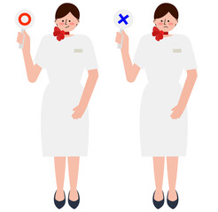 美容部員・エステティシャンの女性が丸とバツの札を上げているイラストのセット(半袖)