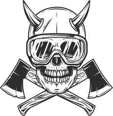 Skull with horns in safety glasses and wood lumberjack or construction builder axe in vintage monochrome style illustration