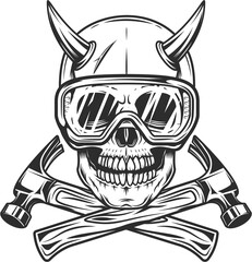 Skull with horns in safety glasses and body shop mechanic repair tool or construction builder hammer in vintage monochrome style illustration