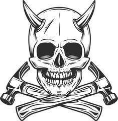 Skull with horns and body shop mechanic repair tool or construction builder hammer in vintage monochrome style illustration