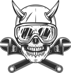 Skull with horns in safety glasses and body shop mechanic spanner repair tool or construction wrench for gas and builder plumbing pipe in vintage monochrome style illustration