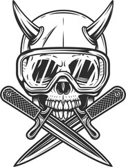 Skull with horns in construction builder repair service safety glasses and crossed knife style monochrome illustration