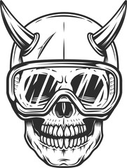 Skull with horns in construction builder repair service safety glasses monochrome style illustration