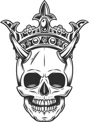 Skull with horns in king royal crown in vintage monochrome style illustration