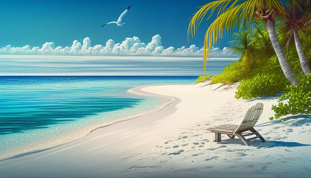 Beach, wave, palm tree, sand, chair, cloud, sky