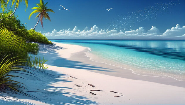  a nice beach with white sand, cloud, palm tree and wave