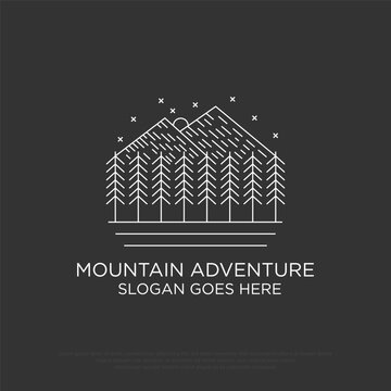 Mountain adventure and Trees retro logo design vector with outline style
