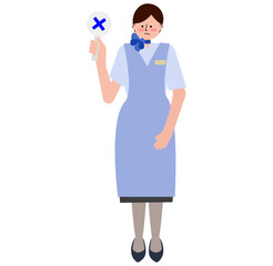 女性の客室乗務員がバツの札を上げているイラスト(機内サービスの制服・青いエプロン)