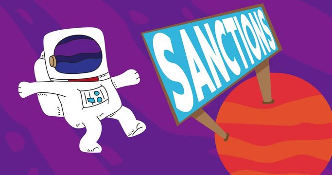 Astronaut adrift near a Red Planet with Sanctions Billboard. Abstract cartoon animation. 4k HD Format resolution video.