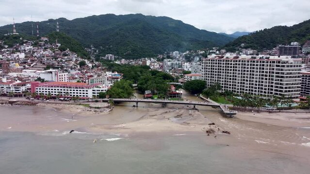 aerial shot of the bridge over the cuale river in puero vallarta mexico 4k