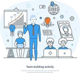 Team building activity management technique to improve efficiency business concept. Skills, analysis, observation for forming team. Collaboration and productivity thin line design of vector doodles