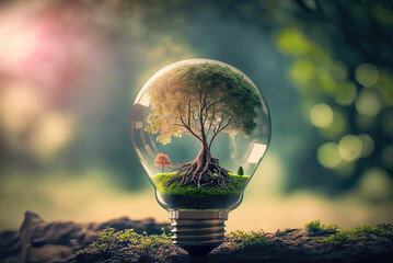 Light bulb with a tree growing inside, sunshine in nature. Saving energy and eco concept. Generative AI