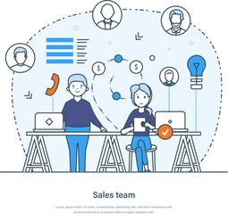 Sales team business activities and processes for efficient sales organization. Customer success representative. Business success, marketing, profit thin line design of vector doodles