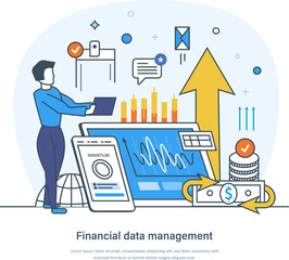 Financial data management business strategy, analysis and research. Data analytics, business statistic, financial investment and risk management thin line design of vector doodles