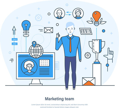 Digital marketing team effective marketing structure business concept. Group of business people working together to create coherent brand image thin line design of vector doodles