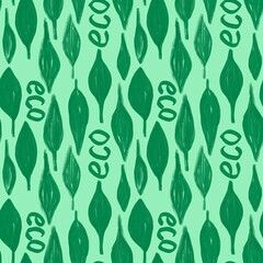 Hand drawn seamless pattern eco organic words leaves on green background. Eco friendly environment farmer market clean sustainable food. Wrapping paper packaging design, words lettering slogan