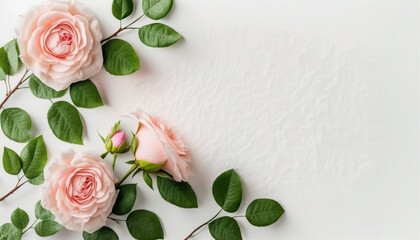 Pink rose flowers on white background Flat lay top, generative ai
