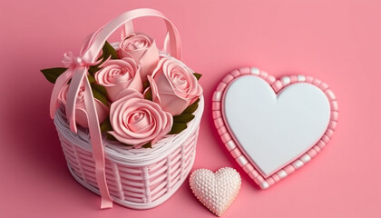 Bouquet pink roses in white wicker basket and heart shaped, generative ai