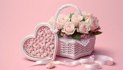 Bouquet pink roses in white wicker basket and heart shaped, generative ai