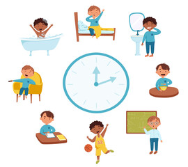 Cute and happy boys in different situationsvector illustration. Daily routine with blue simple watches. Schedule. Day time. Isolated on white background. Ideal for children's calendars, posters, day