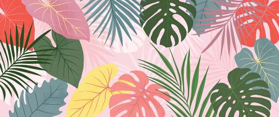 Fototapeta na wymiar Colorful tropical leaves background vector illustration. Jungle plants, monstera palm foliage, exotic rainforest summer hawaiian style background. Contemporary design for home decoration, wallpaper.