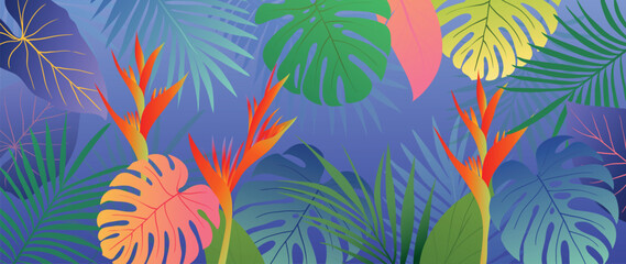 Fototapeta na wymiar Colorful tropical leaves background vector illustration. Jungle plants, monstera palm foliage, exotic rainforest summer hawaiian style background. Contemporary design for home decoration, wallpaper.