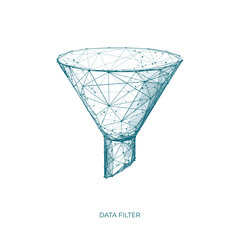 Funnel. Data filter. Isolated digital polygonal sales funnel. Marketing or business concept.