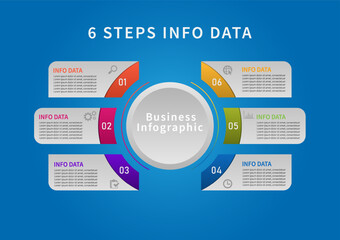 6 steps infographic Successfully finding business management information with a circle in the middle Icons and numbers on a blue gradient background.
