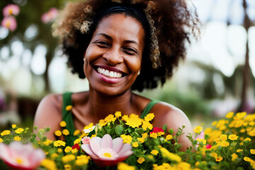 Joyful African Female With Bouquet of Blooms in the Springtime Outdoors Generative AI Photo