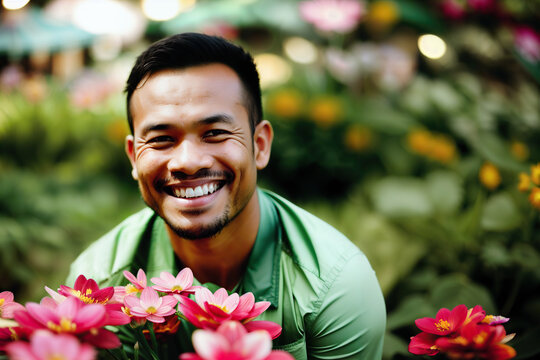 Young Cambodian Man Flower Vendor Generative AI Photo