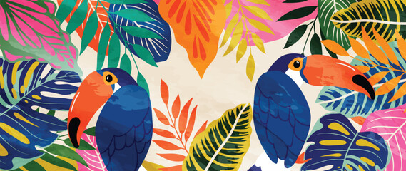 Colorful tropical background vector illustration. Jungle plants, palm leaves, exotic summertime style with hornbill bird and watercolor texture. Contemporary design for home decoration, wallpaper. © TWINS DESIGN STUDIO