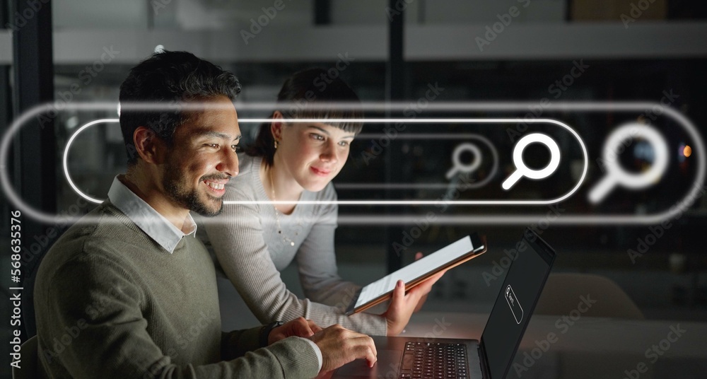 Poster teamwork, overlay or business people typing on a search engine for web design info on internet, webs