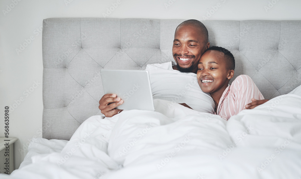 Poster Tablet, bedroom and a black couple streaming an online subscription service while in their bed together to relax. Social media, entertainment or video with a man and woman relaxing in the morning