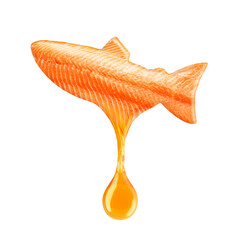 Drops of oil dripping from salmon fillet. Salmon fillet in the shape of a fish. Essential oils of dha