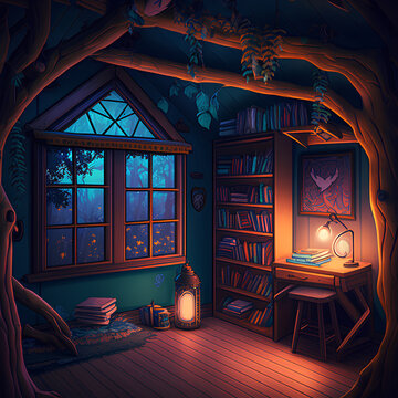 the room in the treehouse at night, generative AI