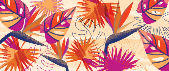 Colorful tropical leaves background vector illustration. Abstract botanical palm leaves pattern, exotic vibrant summer style with grunge texture. Contemporary design for home decoration, wallpaper.