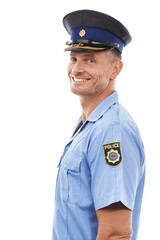 Security, officer and portrait of police with smile on white background for authority, leadership and pride. Law enforcement, justice and isolated guard, policeman and cop happy in legal uniform