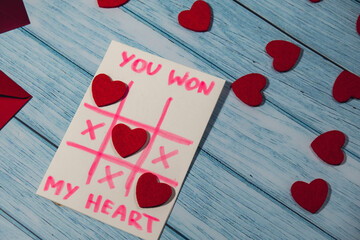 Valentines Day. Text YOU WON MY HEART and tic tac toe game Postcard craft, greeting card. DIY Step...