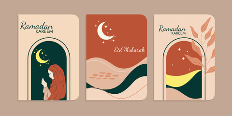 Ramadan Kareem set cover poster or invitation flat design of woman in hijab, islamic lantern, star and moon on night background. Vector illustration.