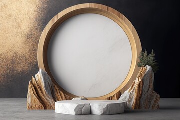 Obraz na płótnie Canvas Circle Wooden marble and rock podium for product presentation. Generative AI