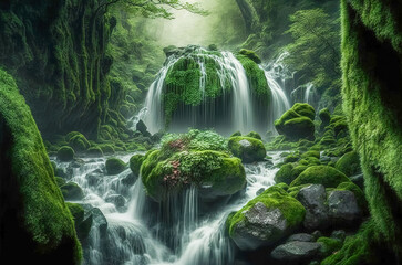 Beautiful waterfall in the rainforest with green moss and ferns. Long exposure. Generative AI
