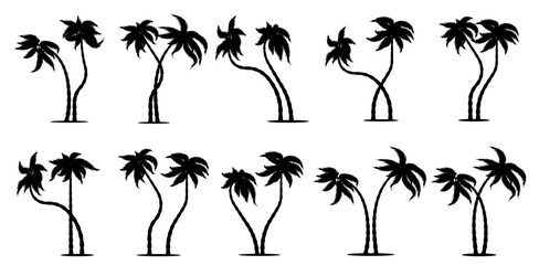 set of palm trees silhouettes on whote background, couple set of palm trees