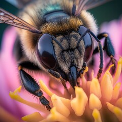Macro view of a bee on flower, generative ai