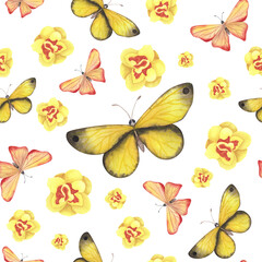 seamless pattern yellow butterfly with daffodils isolated on white. Watercolor illustration for design fabrics
