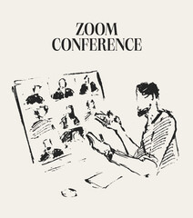 Online conference, lecture, webinar. Hand drawn vector illustration