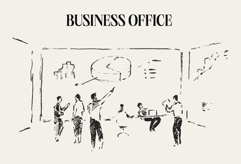 Business office workers at the meeting, hand drawn, sketch