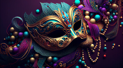 Top view of Venetian mask, mardi gras mask, or disguise on bokeh background. Generative AI	
