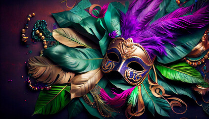 Top view of Venetian mask, mardi gras mask, or disguise on bokeh background. Generative AI